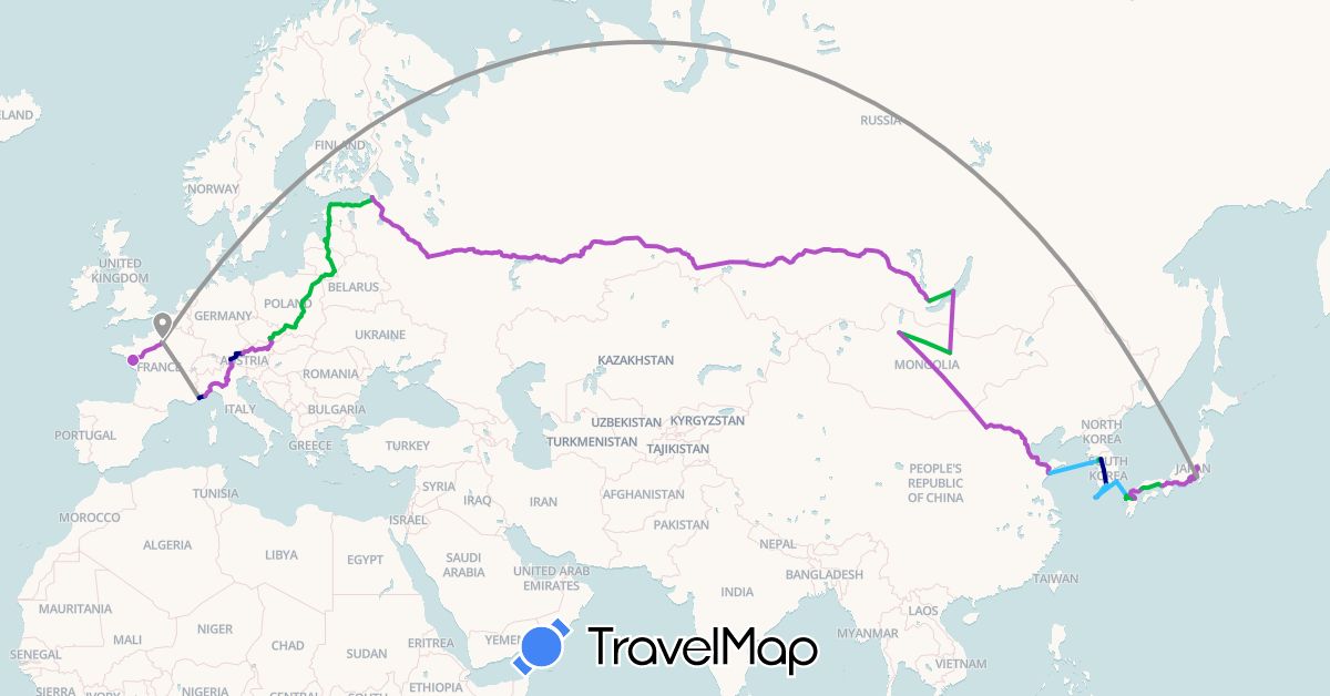 TravelMap itinerary: driving, bus, plane, cycling, train, boat in Austria, China, Czech Republic, Estonia, France, Italy, Japan, South Korea, Lithuania, Latvia, Mongolia, Poland, Russia (Asia, Europe)